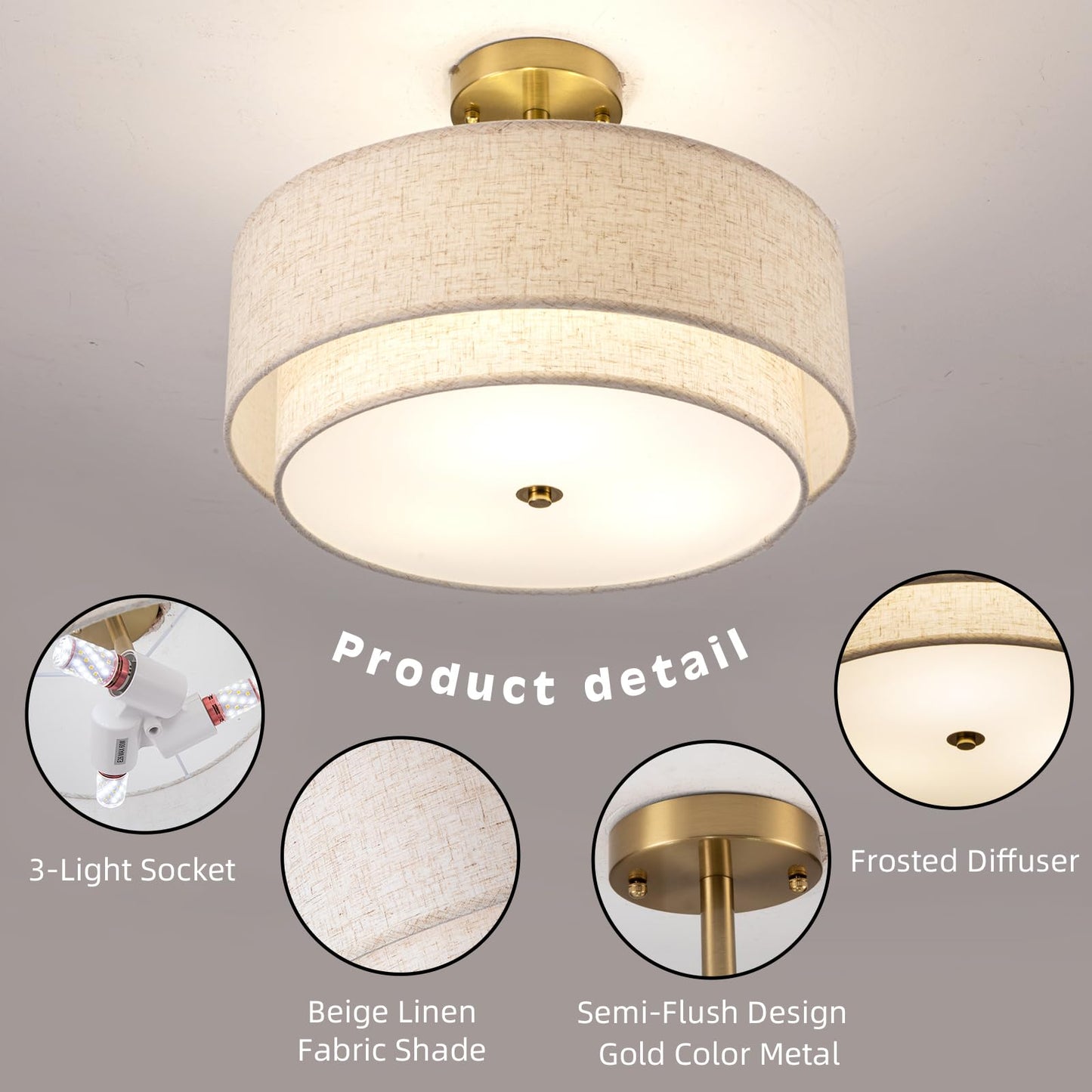 Aufrichting 16" Semi Flush Mount Ceiling Light Fixture,Modern Close to Ceiling Light, 3-Lights Gold Drum Ceiling Light with Linen Fabric Shade for Bedroom Living Dining Room Hallway Entryway Foyer