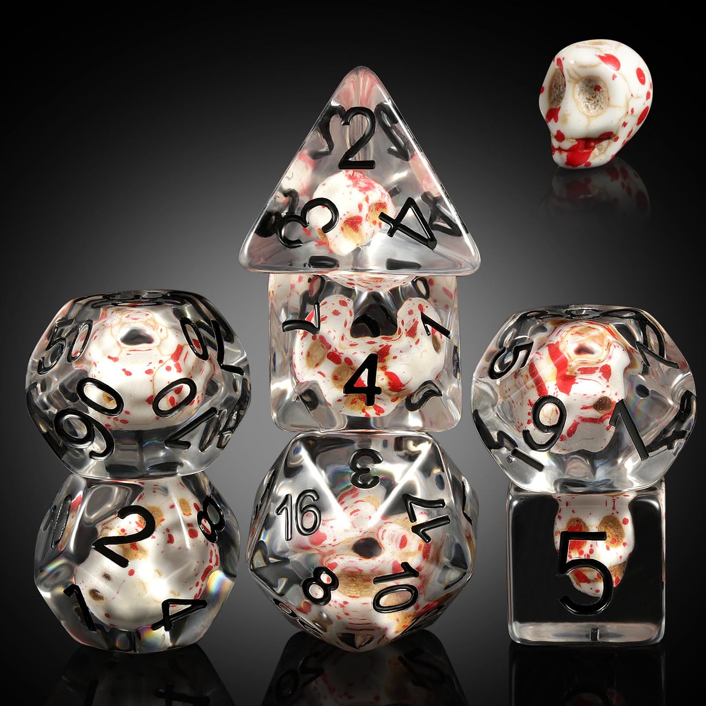 DNDND Blood Spot Skull Resin Dice Set with Velvet Pouch for Dungeons and Dragons DND Role Playing Games and Tabletop Games