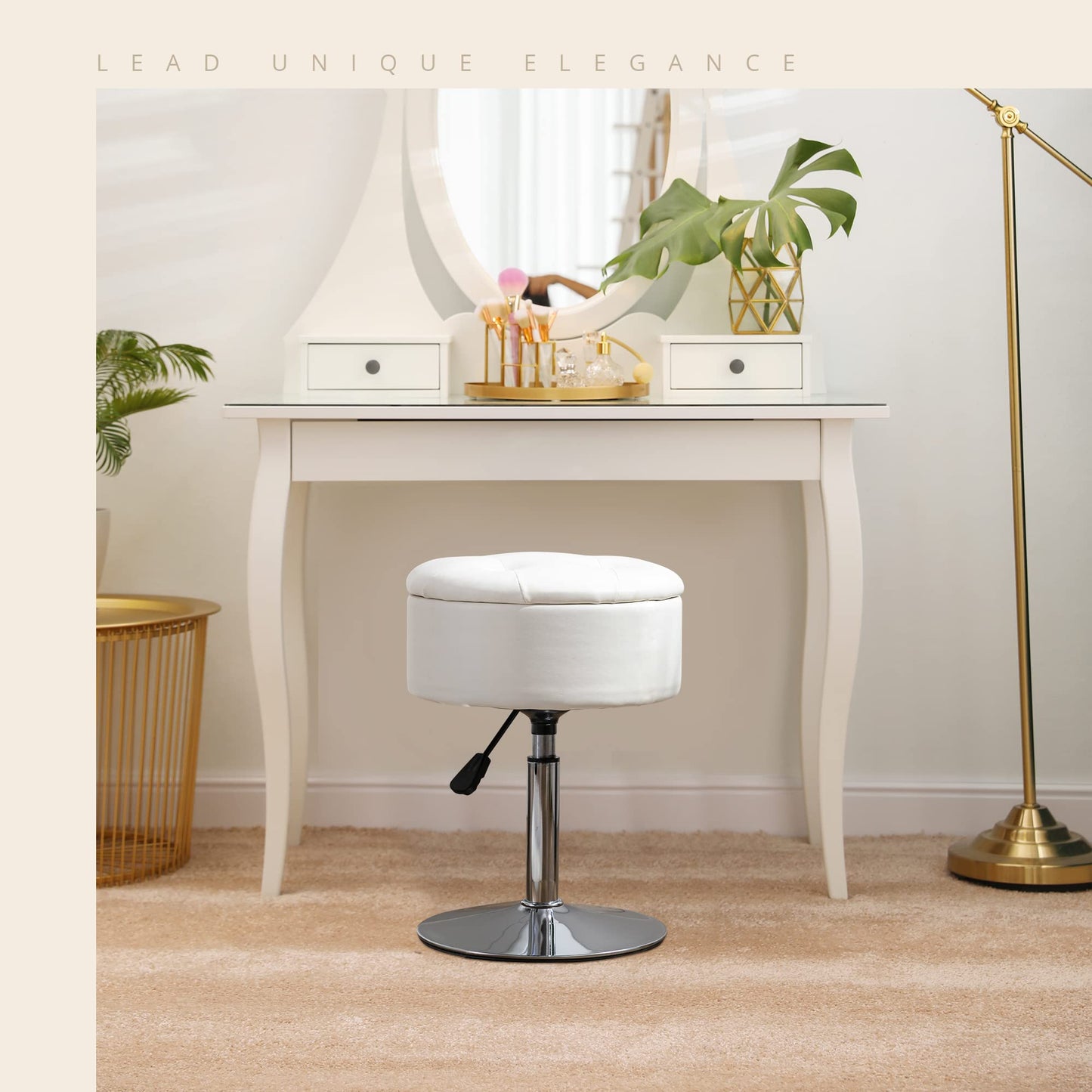 LUE BONA 360°Swivel Vanity Stool Chair for Makeup Room, Height Adjustable Stool for Vanity with Storage, Small White Faux Leather for Bathroom, Living Room