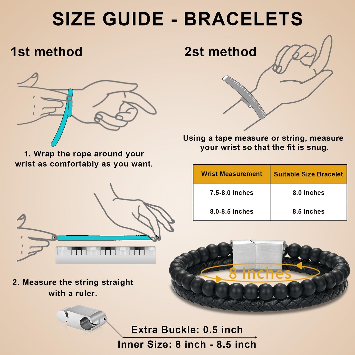 LUXEJEW Mens Bracelet - Letter M Initial Bracelet for Men Black Beaded Bracelets for Men 6mm Matte Agate Beads Stone Mens Leather Bracelets Birthday Gifts for Son Dad Husband