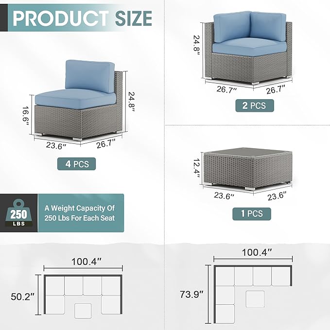 Crownland 7-Pieces Outdoor Patio Furniture Sets, All-Weather Grey Wicker Rattan Sectional Sofa, Modern Glass Coffee Table and Washable Seat Cushion with YKK Zipper (Light Blue)