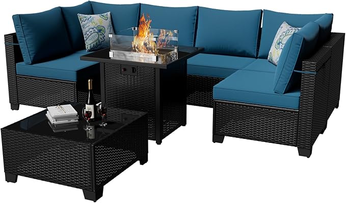 Ophelian 8 Piece Wicker Patio Furniture Set with Fire Pit Table, Rattan Outdoor Sectional Sofa, Patio Couch Set for Backyard, Garden, Deck (Coffee/Peacock Blue)