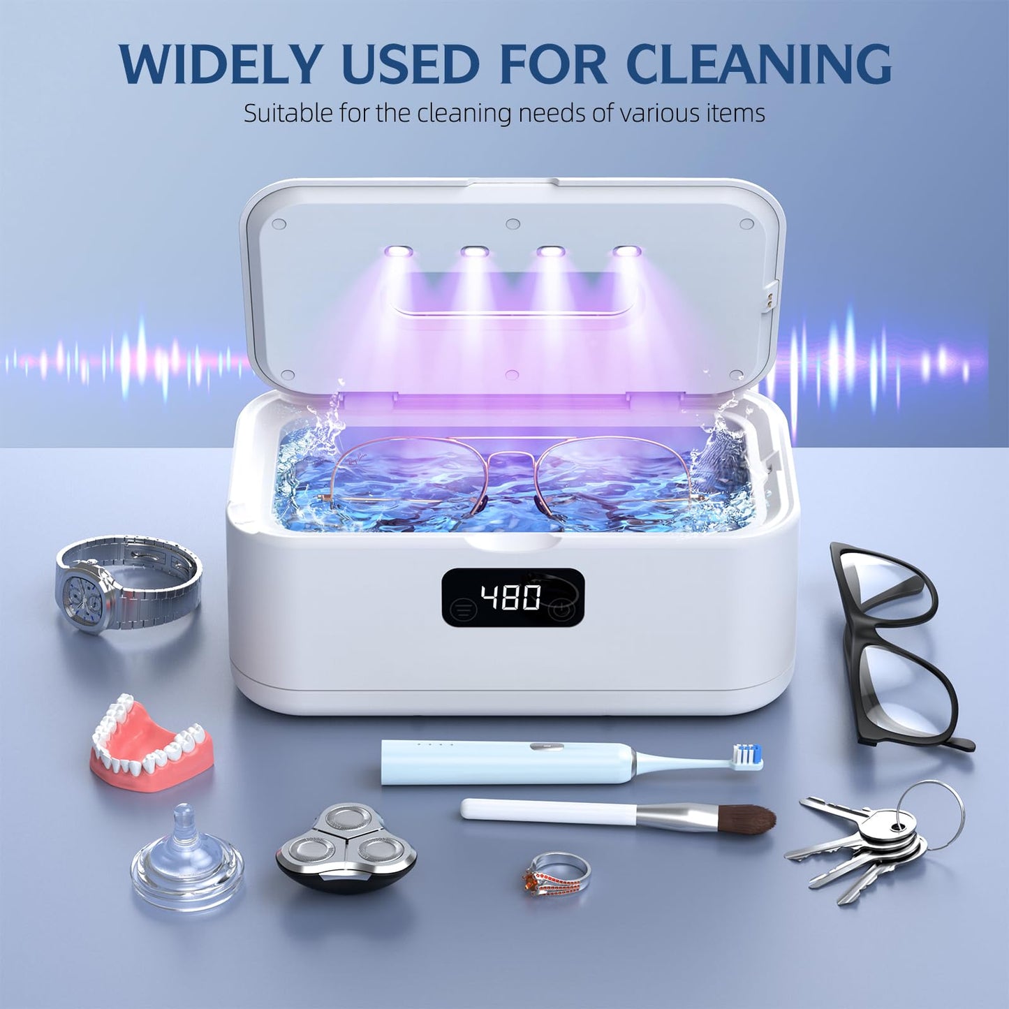 Ultrasonic Jewelry Cleaner, 50Khz Jewelry Cleaner Ultrasonic Machine for Jewelry, Eyeglasses, Rings, Watch Strap, Dentures, 24oz - 304 Stainless Steel Tank, Digital Timer, 5 Cleaning Modes(White)