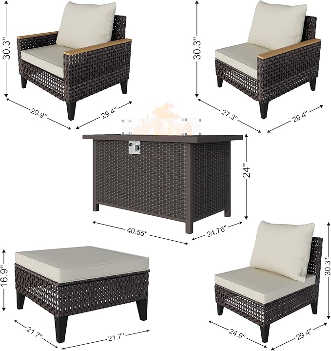 8 Pieces Outdoor Furniture Set, Modern Patio Conversation Sets with Fire Pit Table and Armchairs, Wicker Rattan Sofa Couches Chairs Ottomans for Porch, Deck, Balcony, Backyard, Yard (Beige Cushions)