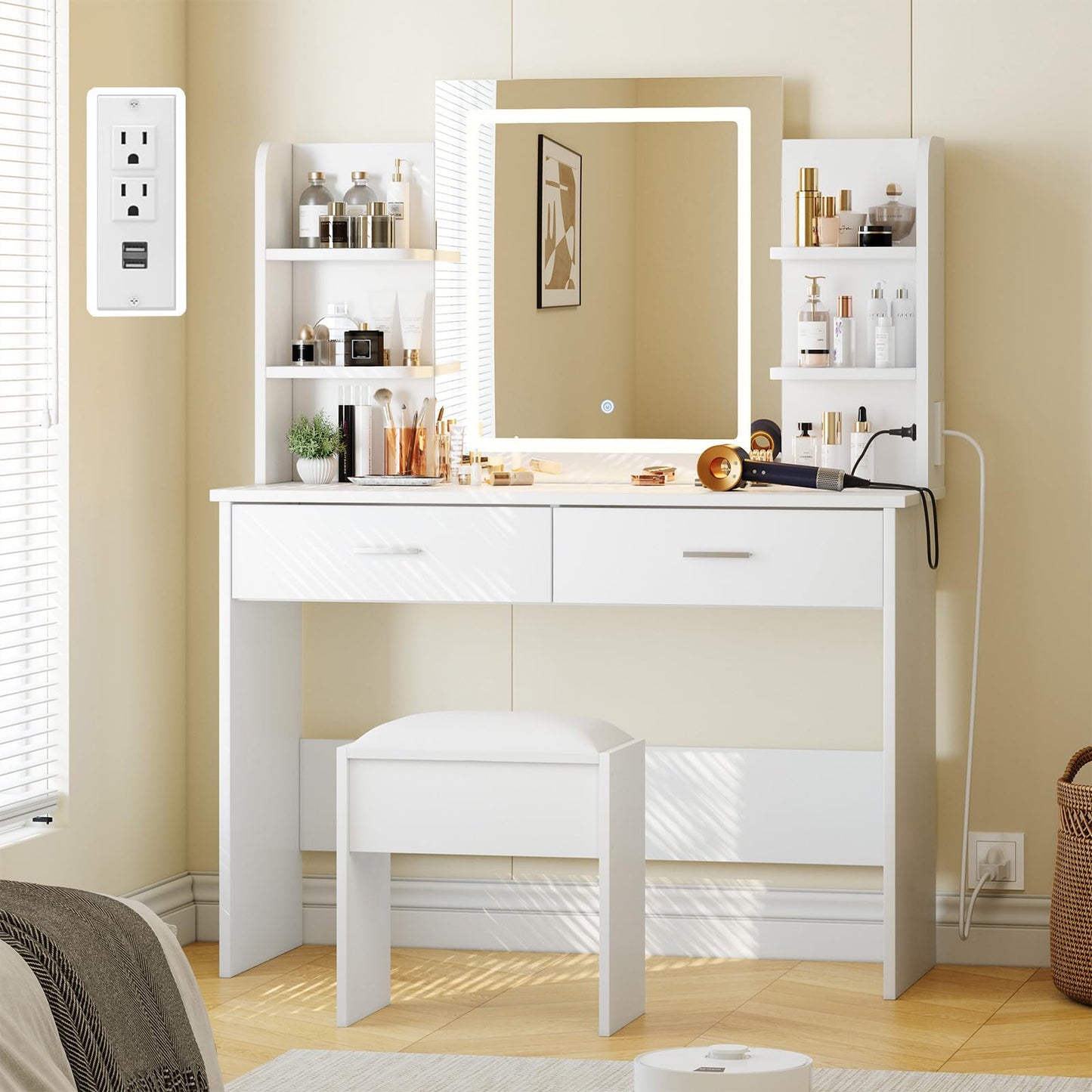 GarveeHome Vanity Desk with Mirror and Lights, Makeup Vanity Set with Cushioned Stool, Power Outlet, Makeup, 6 Storage Shelves, 2 Large Drawers and 3 Color Adjustable Brightness, White