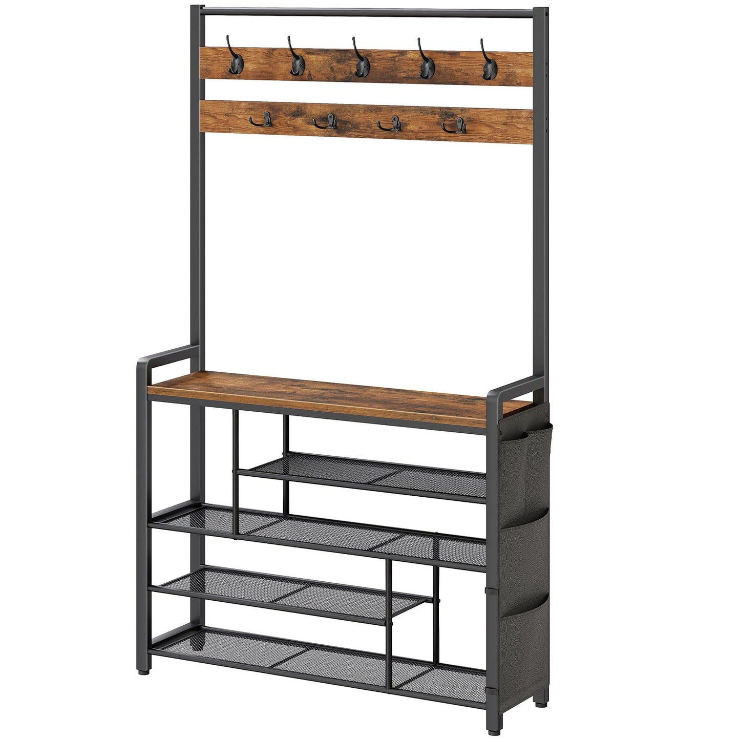 HOOBRO Hall Tree with Bench, Shoe Rack with Coat Rack, 39.4" Coat Rack with Shoe Storage, 5 Tier Shoe Storage Organizer, Oxford Fabric Side Pockets, Coat and Shoe Rack Entryway, Rustic Brown BF46MT01