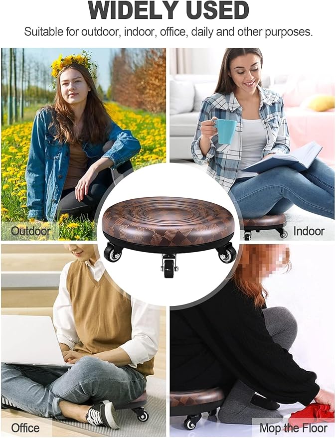 Lanstics Low Roller Seat Stool with Universal Swivel Wheels Leather Seat Chair on Wheels for Home Office Fitness (Brown)