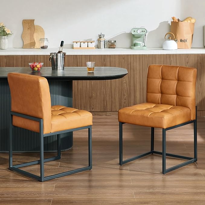 GrandNoor Brown Faux Leather Dining Chairs Set of 4, Mid-Century Modern Dining Room Chairs with Armless, Checkered Kitchen Chair with Metal Legs