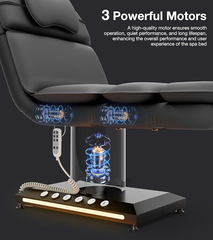 VARONXE Fully Electric Massage Table w/3 Motors, Professional Angle and Height Adjustable Spa Bed Facial Chair, Motorized Esthetician Bed Treatment Table for Beauty Salon, Stool Included, Black