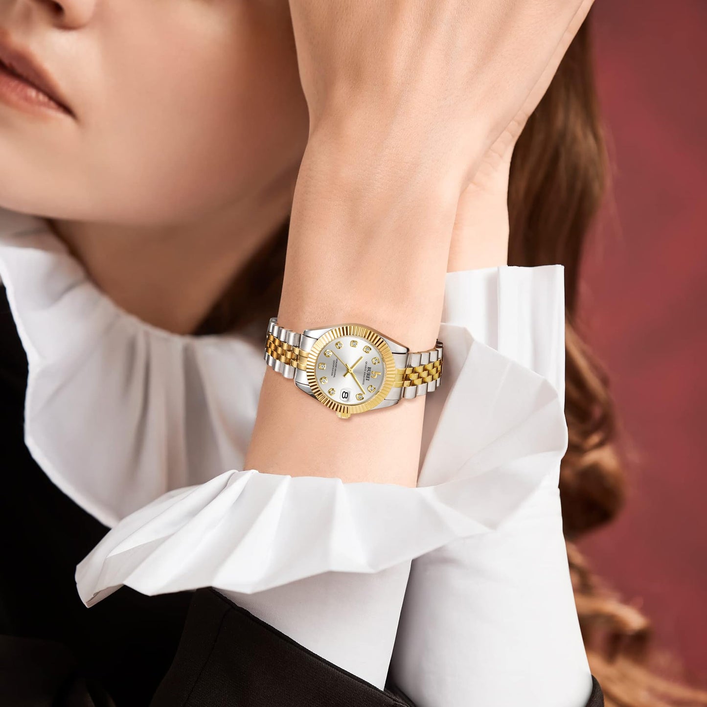 BUREI Women's Golden Watch Silver Stainless Steel Classic Quartz Women Watches with Date Fashion Business Small Face Diamond Waterproof Ladies Watches,Gift for Women