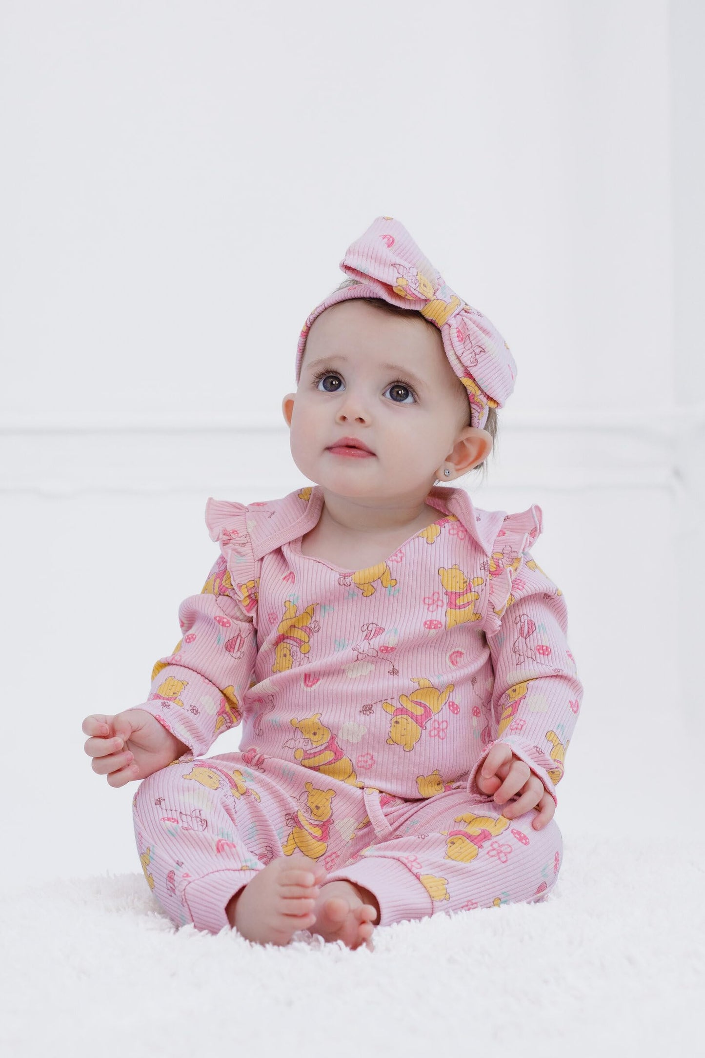 Disney Winnie the Pooh Newborn Baby Girls Ribbed Bodysuit, Jogger Pants and Headband 3 Piece Outfit Set Soft Pink 0-3 Months