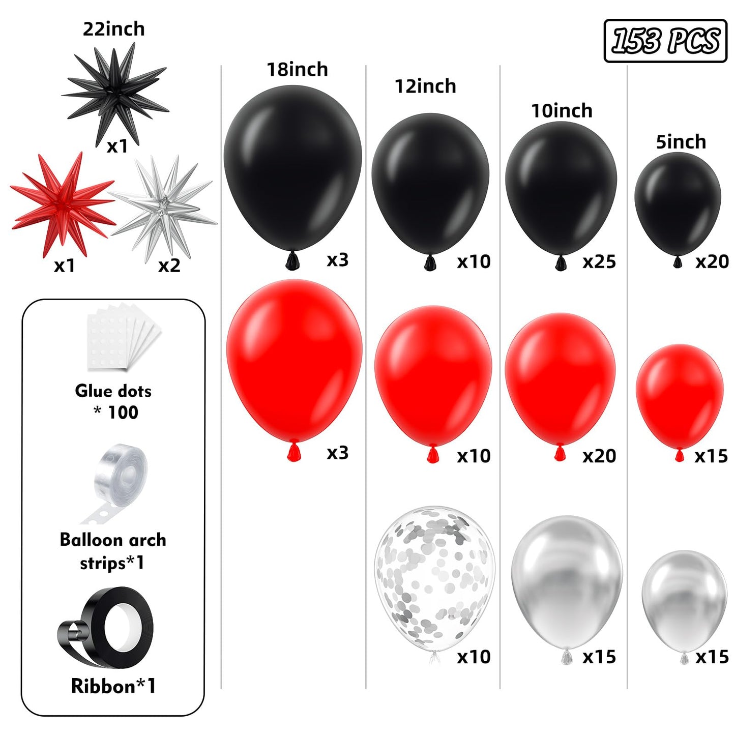 PTGOLUO 153Pcs Red and Black Silver Balloons Garland Arch Kit with Stars -22 18 12 10 5 inch Different Size Red Black Metallic Silver Balloon for Birthday Graduation Racing Car Poker Party Decorations