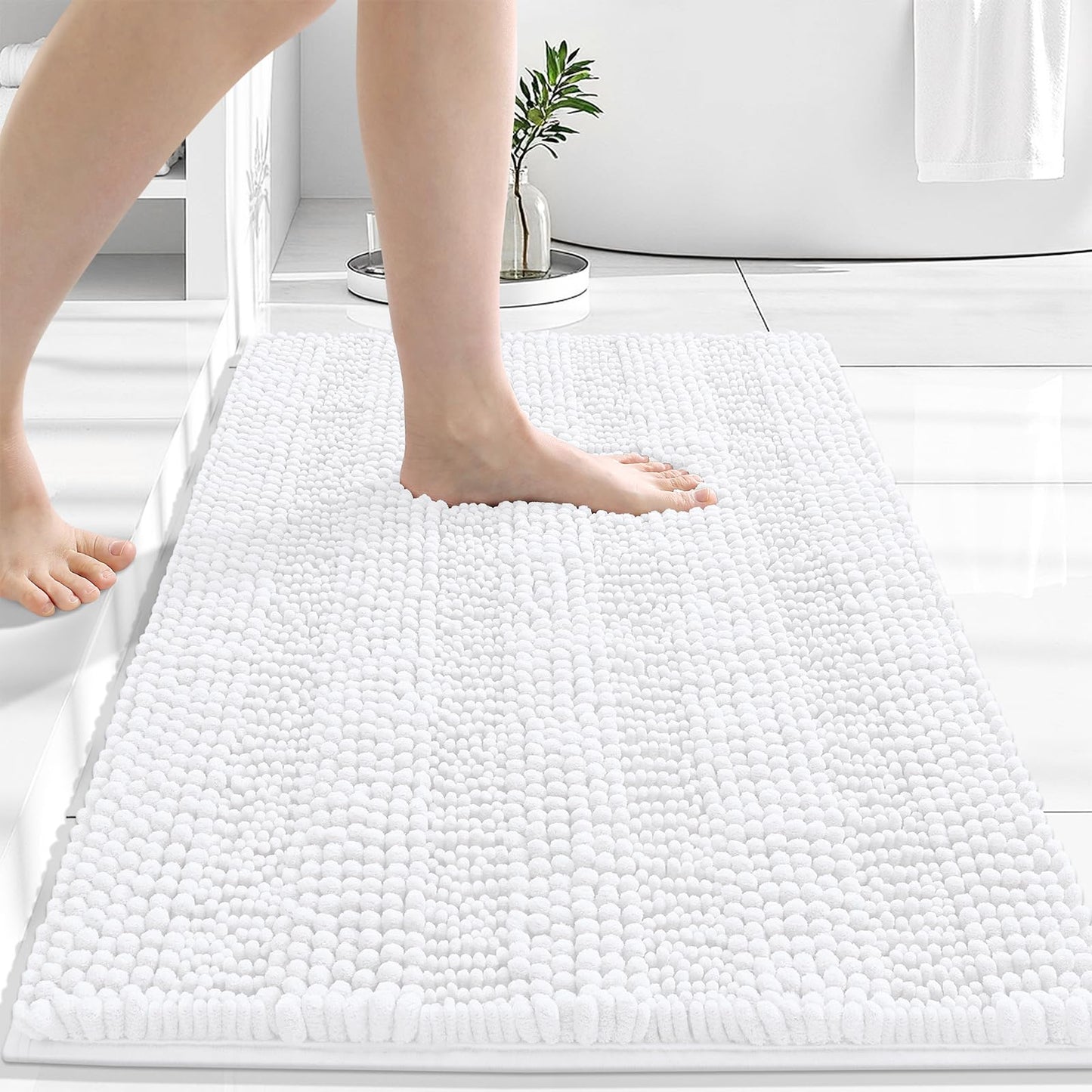 Grandaily Chenille Striped Bathroom Rugs 24x16, Extra Thick and Absorbent Bath Mats, Non-Slip Soft Plush Shaggy Shower Carpet, Machine Wash Dry, Bath Rug for Bathroom, (Small, White)