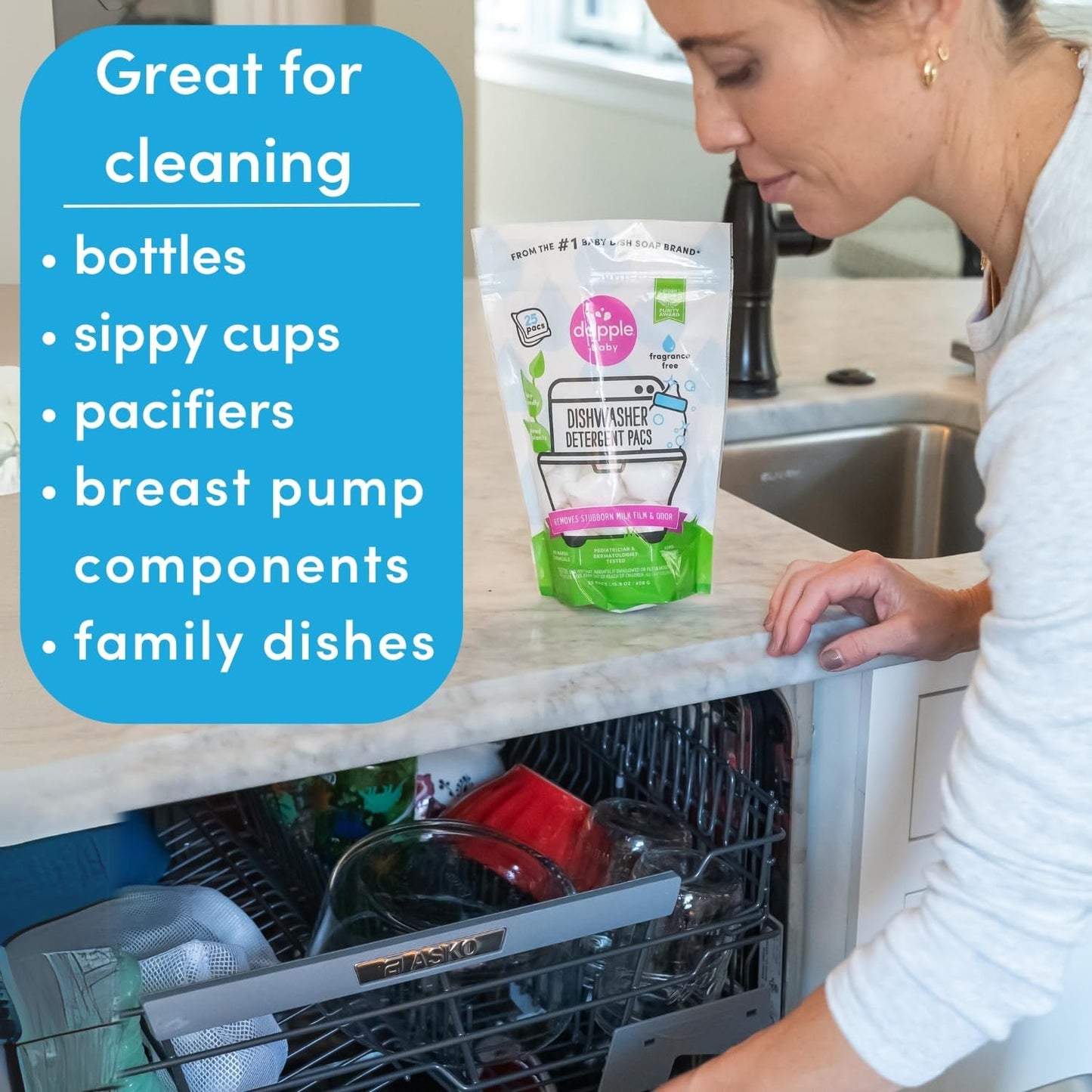 Dapple Baby Dishwasher Pacs, Hypoallergenic Dishwasher Pods Powered by Plants, Removes Milk Residue & Odor on Dishes, Baby Bottles & Kitchenware, Fragrance Free, 50 count