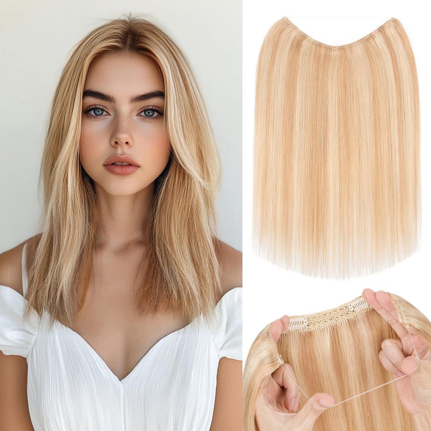 S-noilite Halo Hair Extensions Real Human Hair 14inch Short Straight Halo Hair Extensions for Women Adjustable Ash Blonde/Bleach
