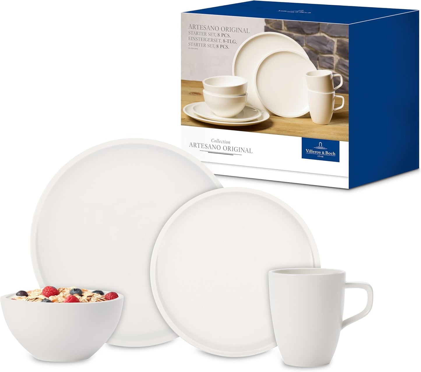 Villeroy & Boch Artesano Original Collection Starter Set, Premium Porcelain, Made in Germany, 8 Pieces, Service For 2, Dinner Plate, Salad Plate, Bowl, Mug, Rich, Creamy White