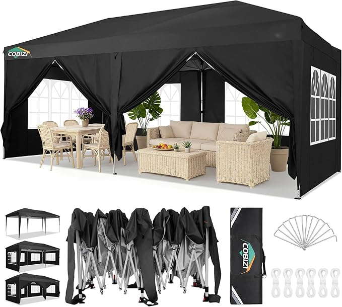 COBIZI Canopy 10x20 Pop Up Canopy Tent with 6 Sidewalls Party Tents for Parties Weddings Backyard Waterproof Outdoor Comme...