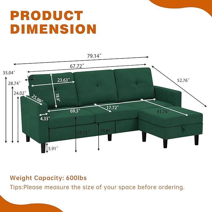 Pingliang Home 80" Convertible Sectional Sofa Couch with Movable Ottoman, 3 Seats Sectional Sofas L Shaped Couch for Small Spaces, Soft Fabric Couch for Living Room (Green)