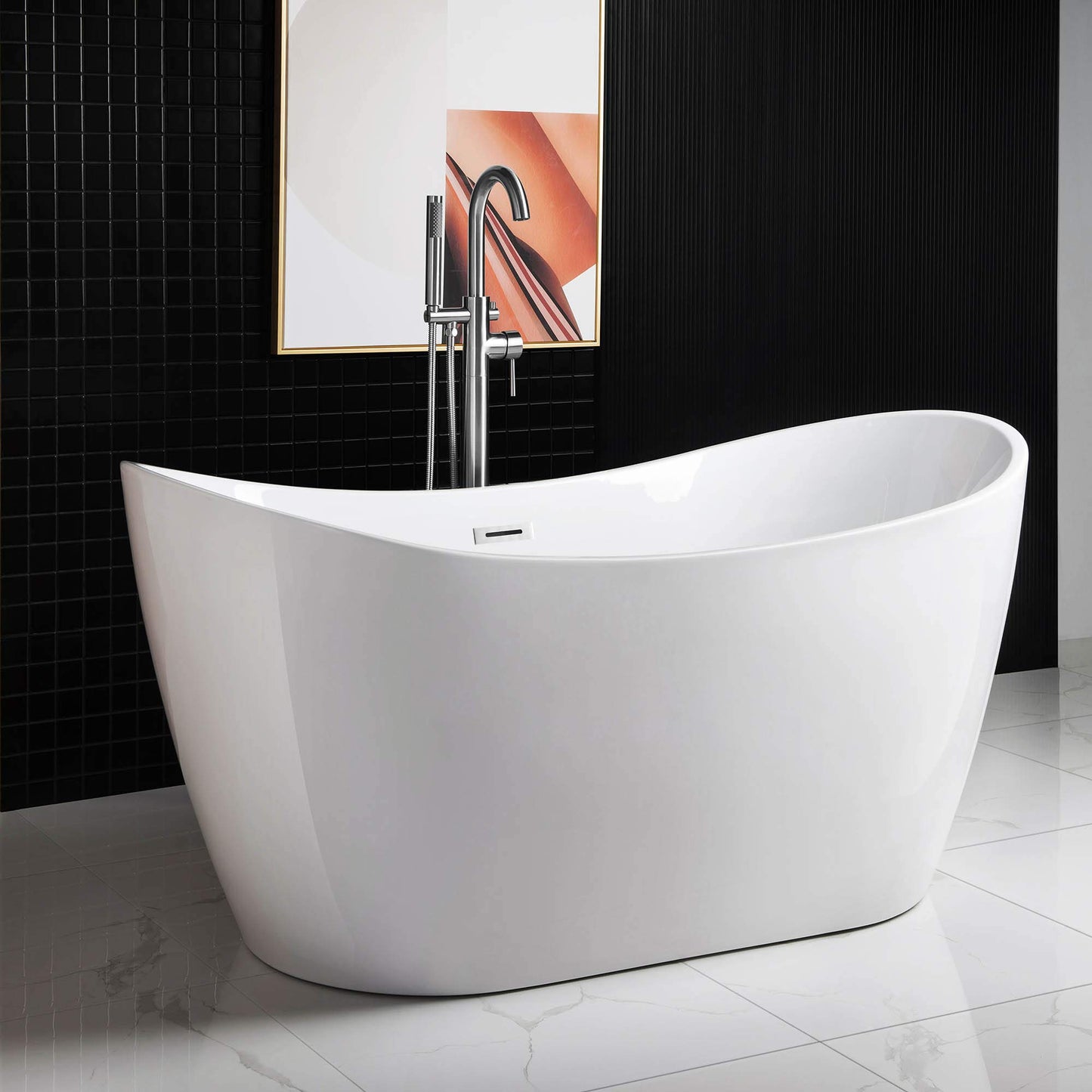 WOODBRIDGE 59" Acrylic Freestanding Bathtub Contemporary Soaking White Tub with Chrome Overflow and Drain，BTA1516-C-Drain-&O
