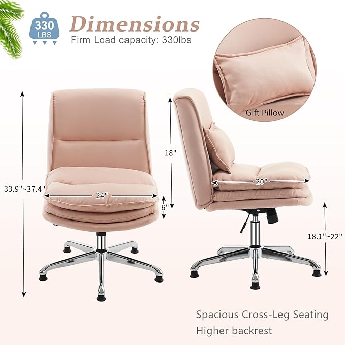 VINGLI Cloud Criss Cross Legged Home Office Desk Chair, 18" High Back Armless, Wide Adjustable Comfy Padded Seat, Modern Swivel Makeup Vanity Chair, Microfiber, Pink