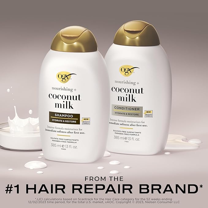 OGX Nourishing + Coconut Milk Sulfate Free Shampoo and Conditioner Set, Hydrates & Softens Hair, Lipi Pro Shield Technology, Creamy Coconut Milk White Peach & Shea Butter Scent, 2 Items, 2 x 13 fl oz