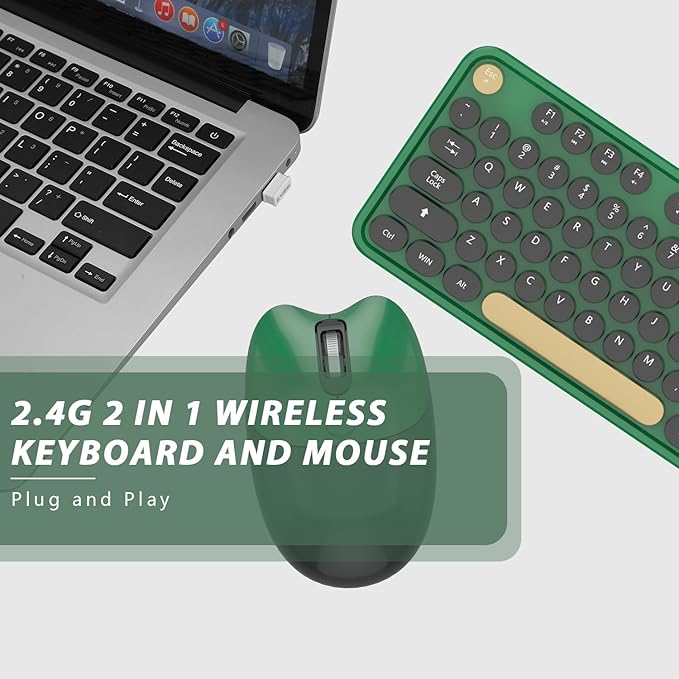 Kootop Wireless Keyboard,Cute Colorful 104 Keys Typewriter Retro Round Keycaps Keyboard for PC Laptop,Desktop,Windows, Home and Office Keyboards (Black Green)