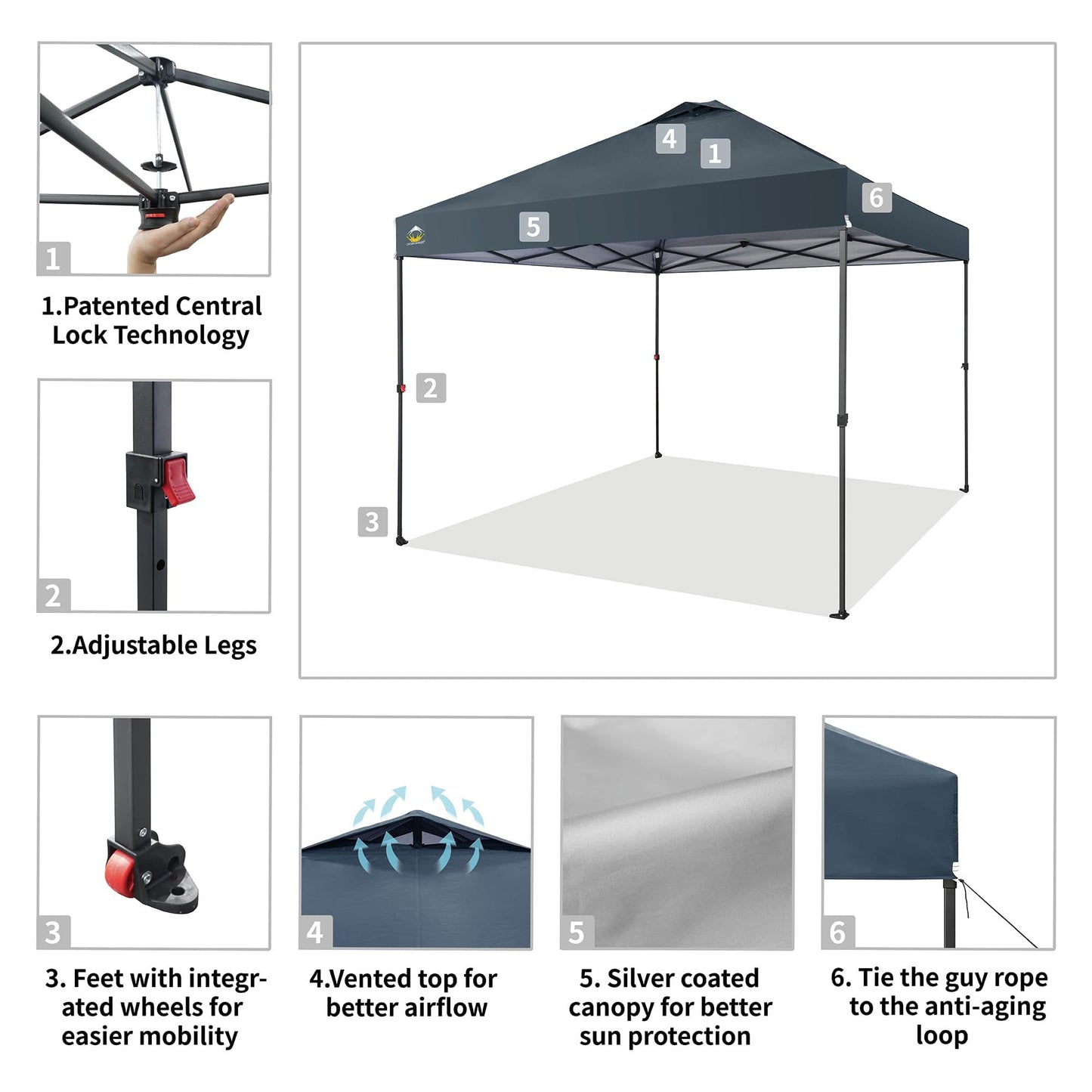 CROWN SHADES 10x10 Pop Up Canopy Tent - Patented Center Lock One Push Instant Outdoor Canopy Beach Tent with STO-N-Go Bag 8 Stakes & 4 Sand Bags，Grid Grey