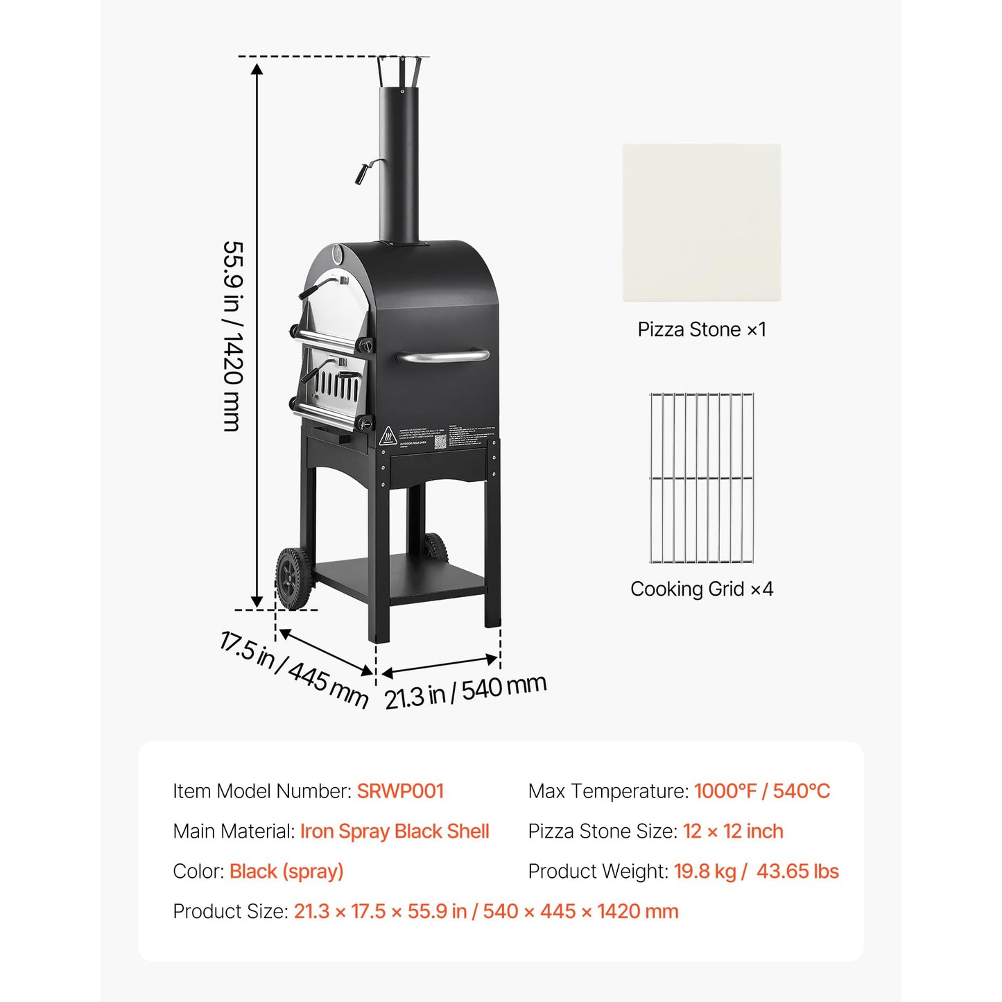 VEVOR Portable Outdoor Oven, 12-inch Stand Pizza Oven with Casters, Pellet & Chips & Charcoal & Firewood Four Fuel, Baked Paint Pizza Grill, Includes Pizza Stone, Pizza Shovel, for Camping & Backyard