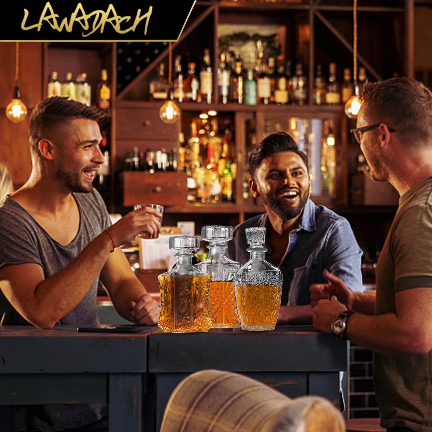 LAWADACH Whiskey Decanter, Liquor Decanters Set of 3, Glass Alcohol Bottle for Vodka, Tequila and Bourbon Unique Whiskey Bar and Party Decorations (28oz*2, 31oz*1)