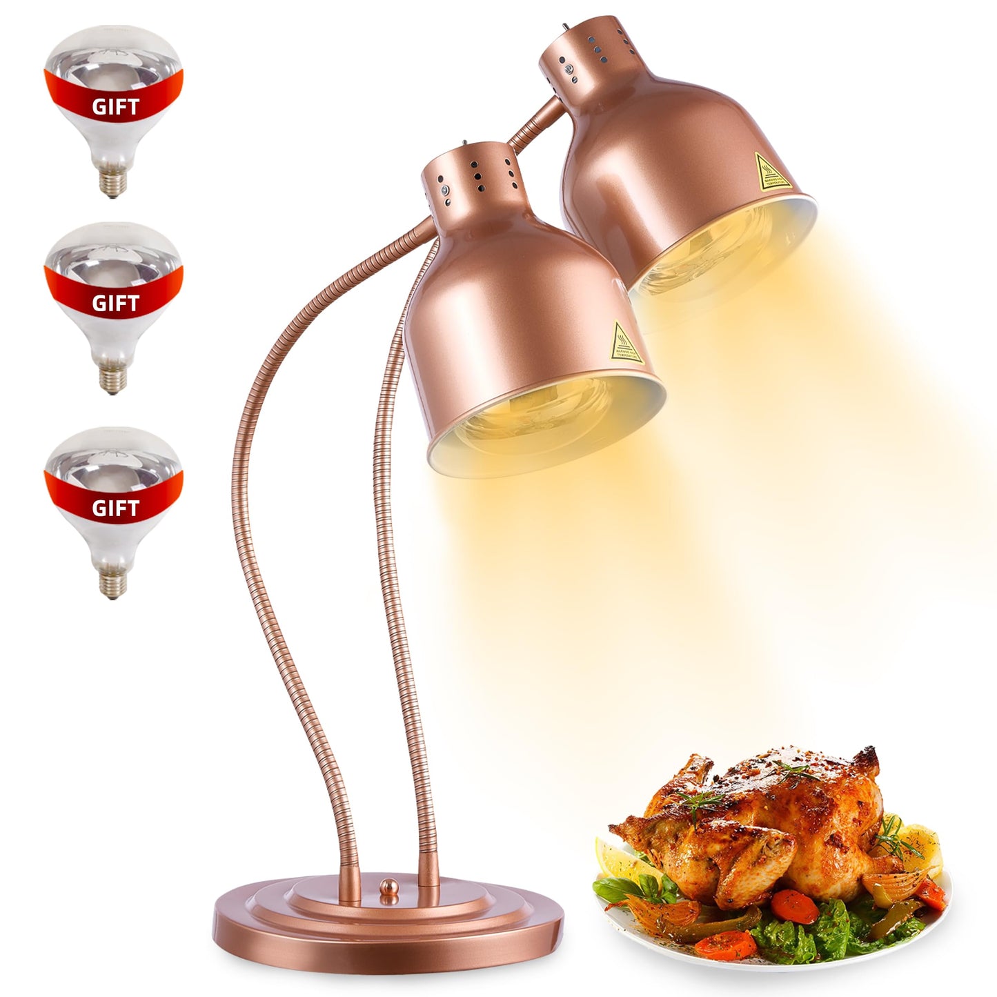 Food Heat Lamp: [Rapid-Heating Bulbs Included] [Steady Heating] Commercial Food Warmer Lamp, Electric Heat Lamp for Food Catering Food Warming Lamp for Buffet Parties (Painted Copper, 32" (2-Head))