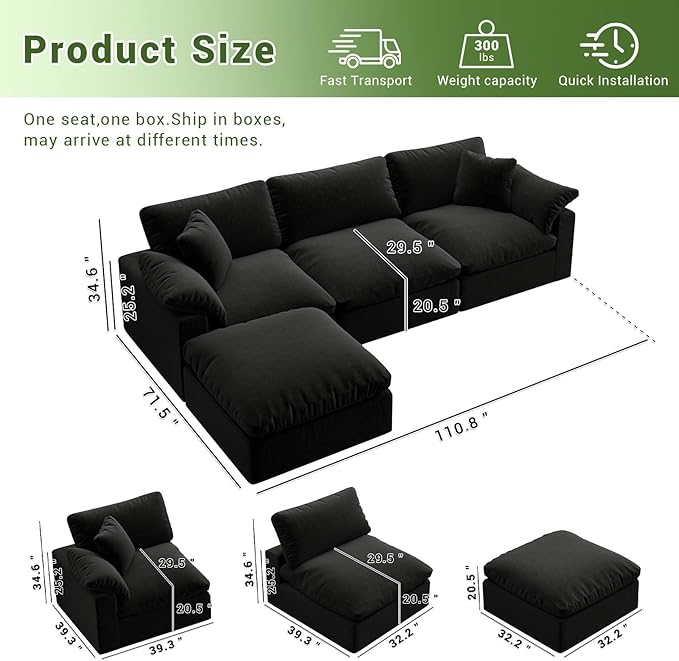 Intuition Decor Oversize Cloud Modular Sectional Sofa,110.8" L Shape 3 Seaters with Chaise Down Filled Comfort Sofa Detachable Couch Cushion Covers for Living Room,Black