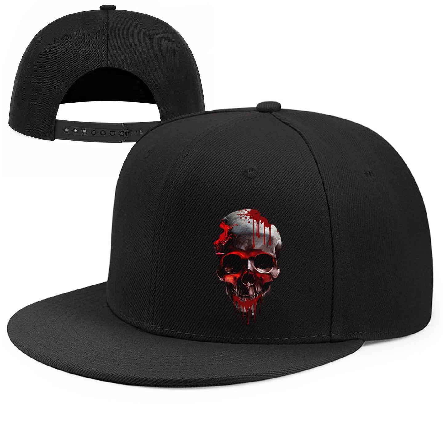 Horror Bleeding Skull Snapback Hats for Men Flat Bill Snap Backpack Baseball Hat for Women Skeleton Dad Trucker Hats Adjustable Baseball Cap Fitted Hats for Skateboarding Running
