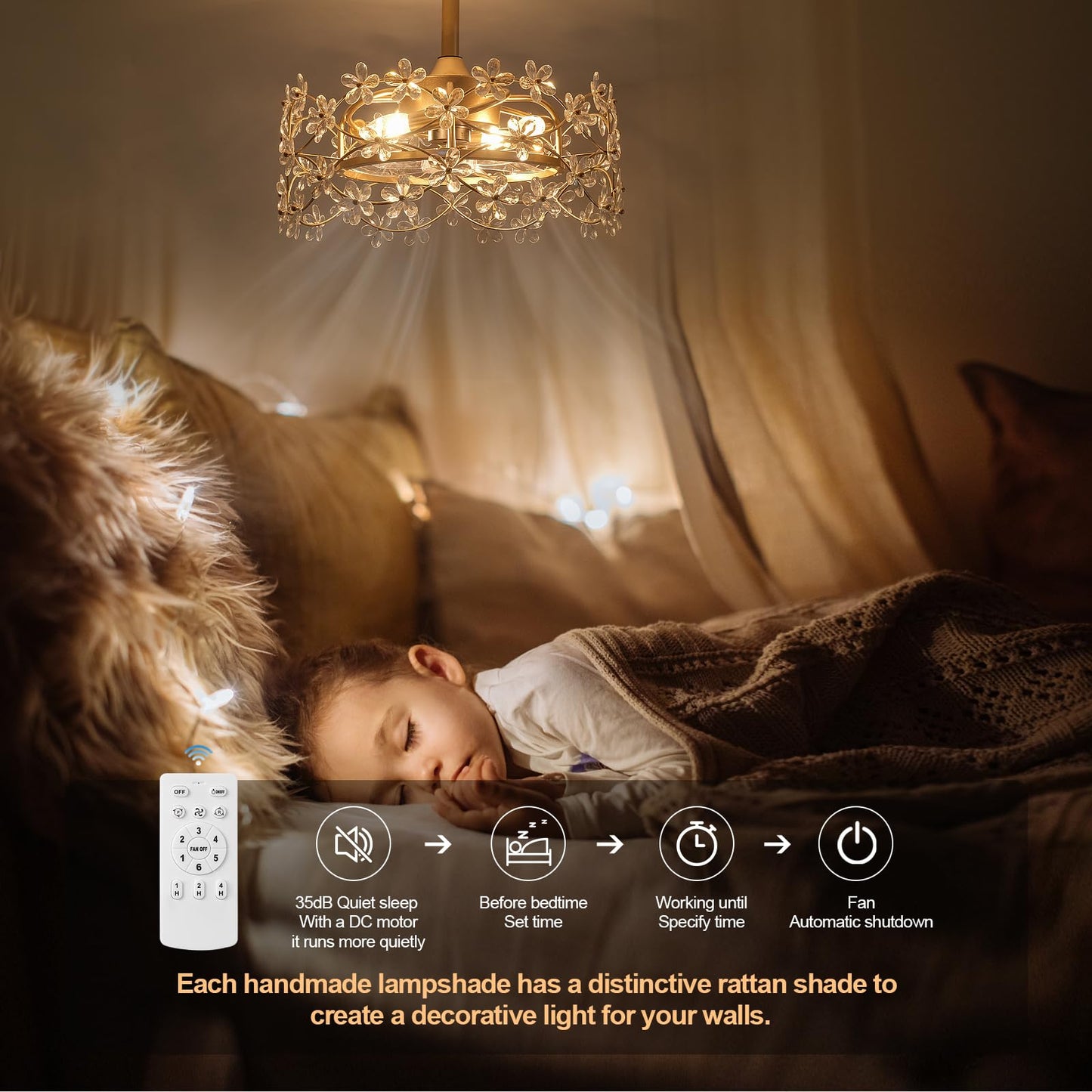 CELAVIEIOP 20" Gold Fandelier Ceiling Fan with Light, Flower Crystal Chandelier Ceiling Fan with Light and Remote Control, Modern Caged Enclosed 6 Speeds for Girl's Bedroom, Nursery, Living Room