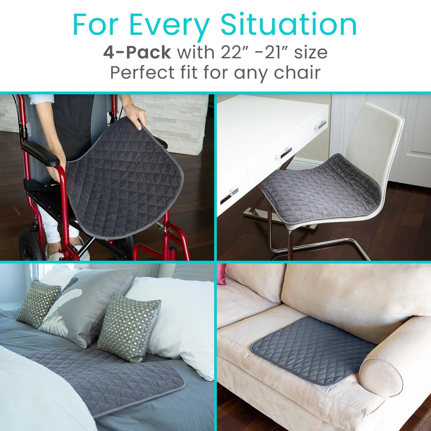 Sures Waterproof Chair Pads for Incontinence (22" x 21") - Washable, Waterproof Seat Protector - Chair Protector Seat Cover - Absorbent Pad for Bed, Seat, Car, Wheelchair & Recliner (Gray, 4 Pack)