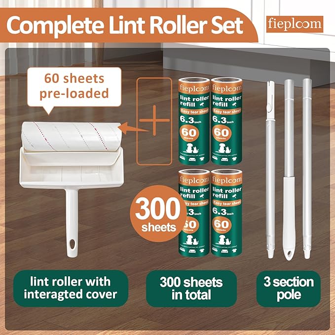 Large Lint Roller for Pet Hair - Extra Sticky with Easy Peel Sheets, 45" Long Handle & 6.3" Wide Roller, 5 Refills (300 Sheets), Lint Remover for Floor Carpet Furniture Couch Clothes