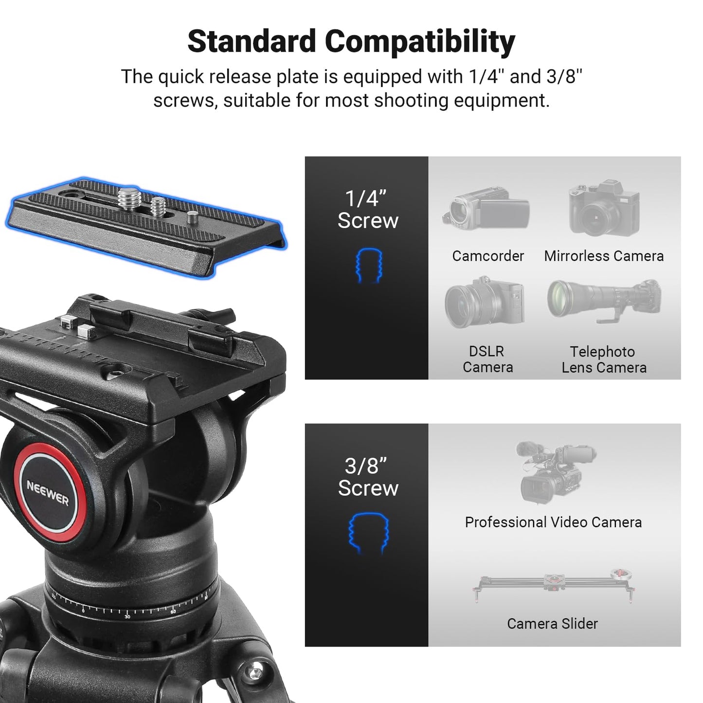 NEEWER 74" Video Tripod with Fluid Head, QR Plate , Aluminum Heavy Duty Camera Tripod Professional for DSLR Cameras Camcorders, Max Load 17.6lb/8kg, TP74