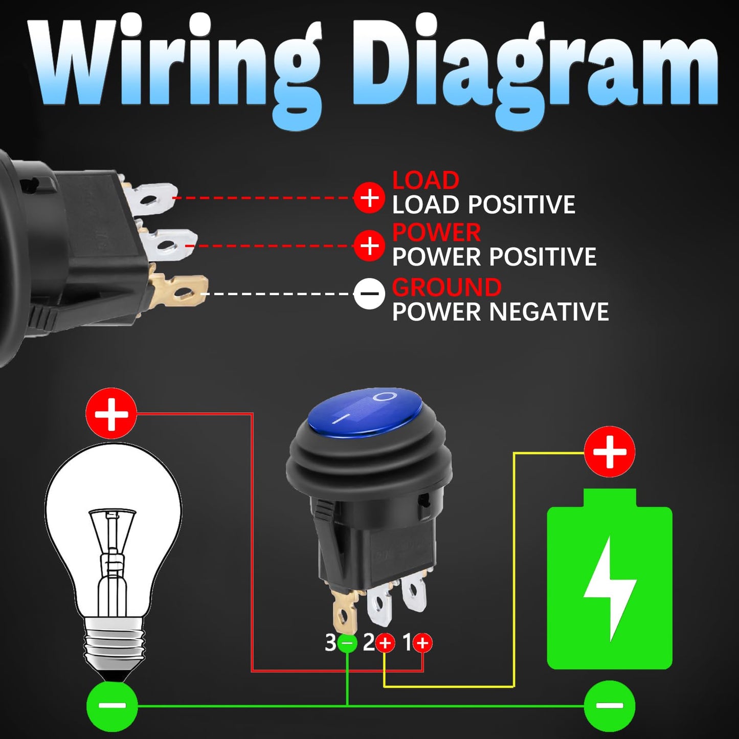 Round Rocker Switch, Toggle Switch 12V, Waterproof Lighted LED On/Off Switch for Car, Marine Toggle Switch, Automotive Power Switch, SPST 3 Pin
