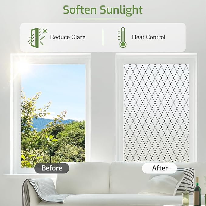 LUTE Frosted Window Privacy Film, Static Cling UV Sun Blocking Heat Control Window Cover, Removable Non-Adhesive Glass Sticker Vinyl Decorative Bathroom Frosting Decals, Black Lattice, 35.4" x 157.4"