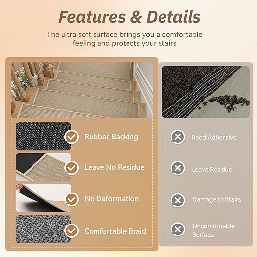 PADOOR Stair-Treads Non Slip 1PC, Stair Treads for Wooden Steps Rubber Backing Indoor, Carpet Stair Treads Residue Free, Stair Runner Durable Stair-Carpet Treads for Kids and Dogs 8"x30" Beige
