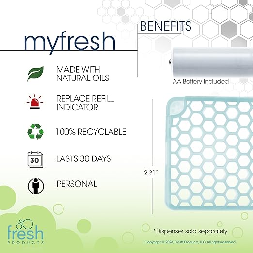 Fresh Products myfresh 2.0 Personal Air Freshener with Dry Fragrance Technology for Small Spaces Compact Design Motion Sensor Battery Included Alpine Forest 6 pk