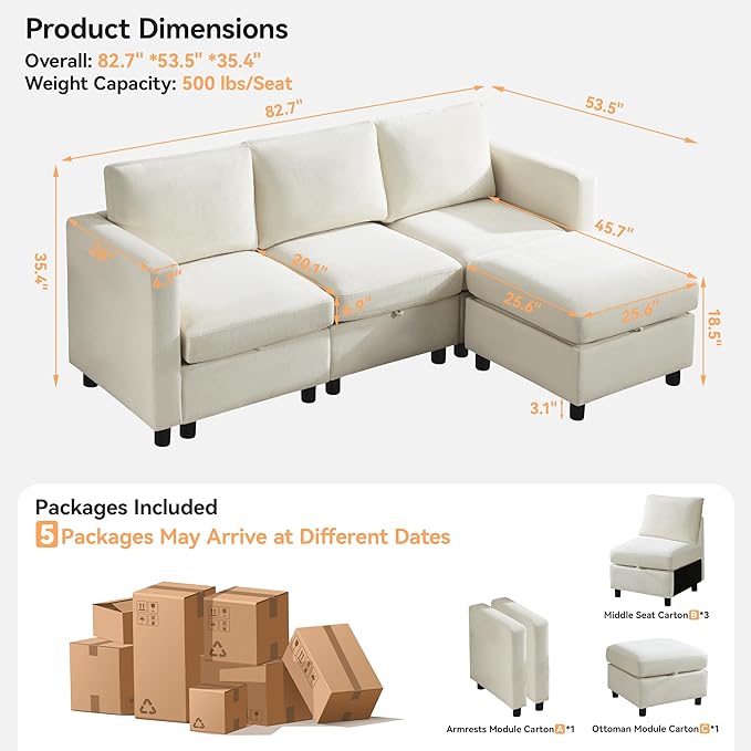 WUTUTUEE 83”L-Shaped Modular Sectional Sofa with Storage & Movable Ottoman, Convertible 4-Seat Reversible Chaise Chenille Couch for Living Room, Soft Beige Fabric, Modern Design