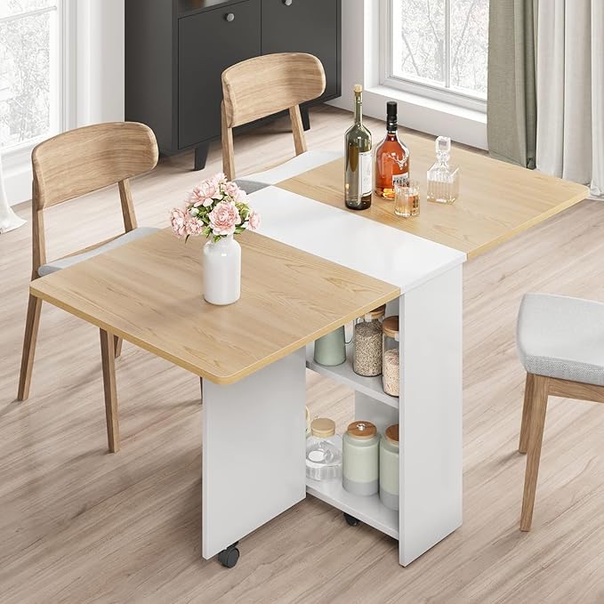 IDEALHOUSE Folding Dining Table, Drop Leaf Dining Table with 6 Wheels and 2-Layer Storage Shelf, Space Saving Kitchen Tabl...