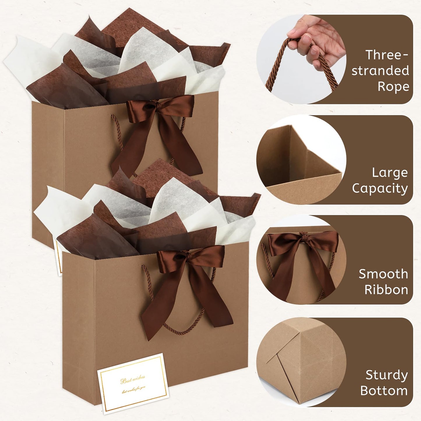 Brown Gift Bags with Handles and Ribbons - 10Pcs Gift Bag with 10 Tissue Paper 10 Greeting Cards, Welcome Gifts Thank You Bags for Birthday, Wedding, Mothers Day, Baby Shower, Bridal Shower, Party (12.6''x9.8''x4'')