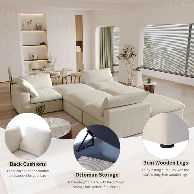 Cloud Couch Modular Sectional Sofa with Storage Ottoman,160.6" L Shaped Couch for Living Room,Down Filled 5 Seater Convertible Sectional Sofas,Covers Washable&Replaceable (Khaki)
