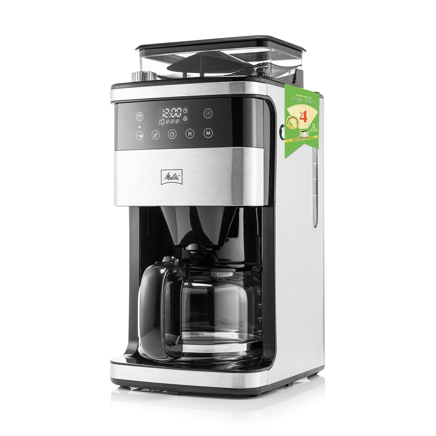 Melitta® Aroma Fresh™ Plus 10-Cup Automatic Drip, Programmable Coffee Maker with built in Burr Coffee Grinder, 5-Pack Coffee Filters included