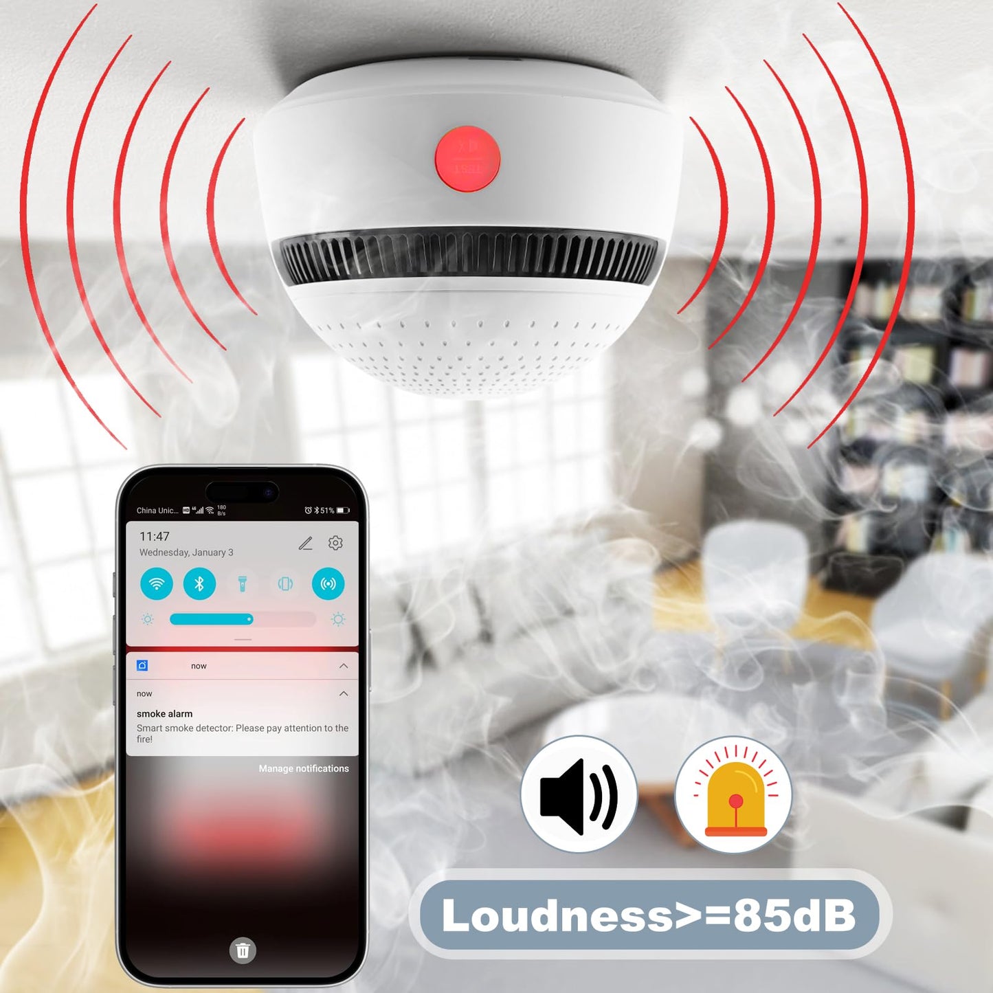 6-Pack Smart Smoke Detector with 10-Year Battery(Replaceable),Wi-Fi Smoke Detector with Smart Life App Notifications,Mini Size Fire Alarm for Home,RV,Easy Install