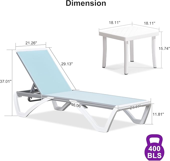 PURPLE LEAF Patio Chaise Lounge Chair Set of 3 Outside Aluminum Plastic Stackable Tanning Chairs for Pool Sunbathing Beach Deck Outdoor Lounger, Light Blue