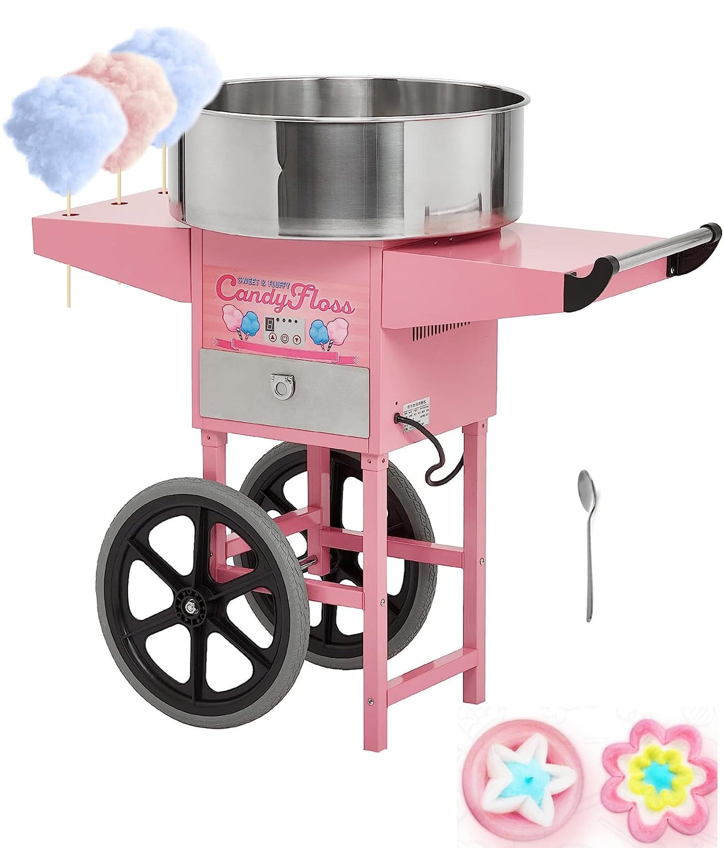 RIEDHOFF Cotton Candy Machine with Cart, Electric Cotton Candy Maker with 20 inch Stainless Steel Bowl for Family, Party, Amusement Park, Carnival- Pink