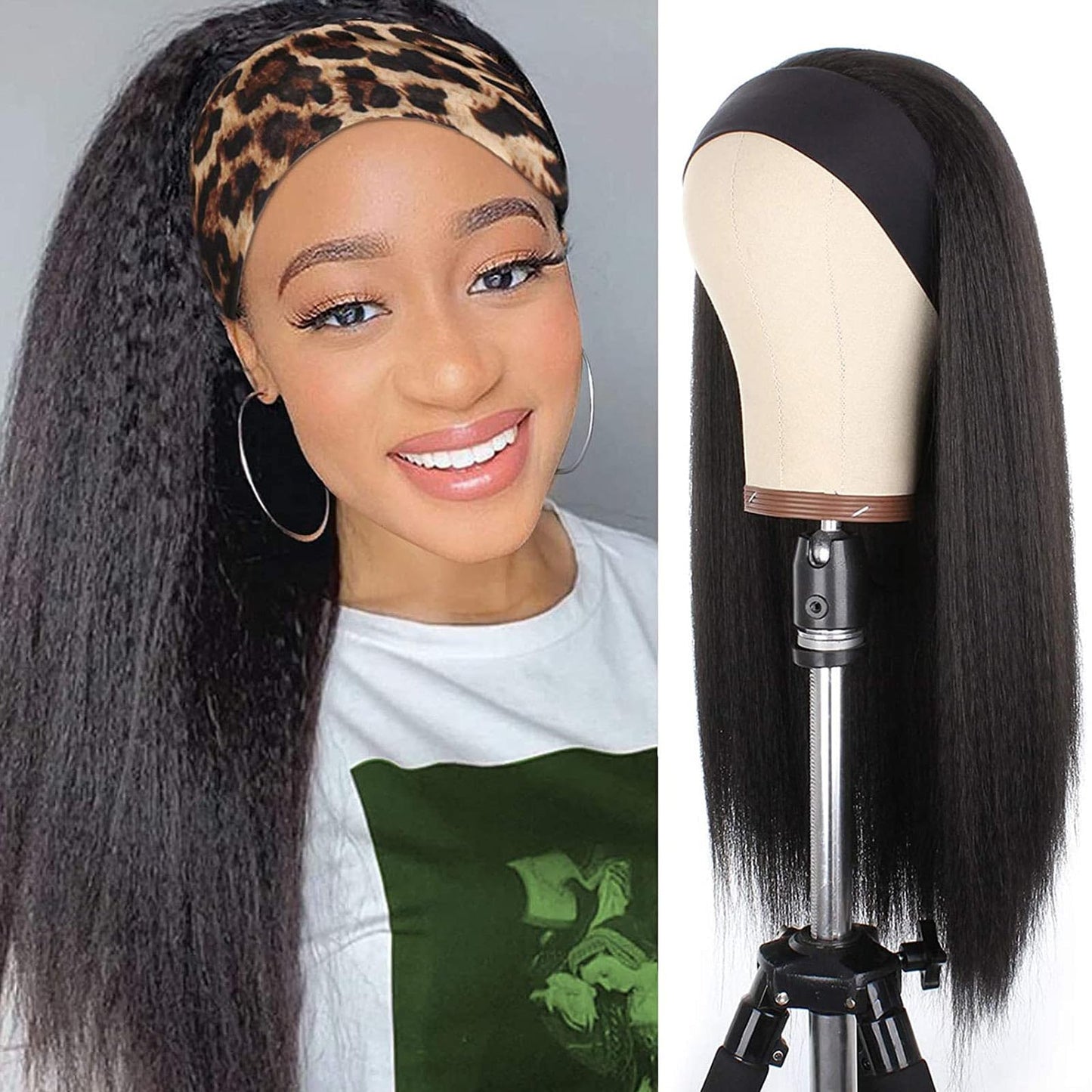 PWEOUKE Yaki Straight Headband Synthetic Wig Glueless Kinky Headband Wigs Natural Black Long 22 Inch None Lace Front Headband St