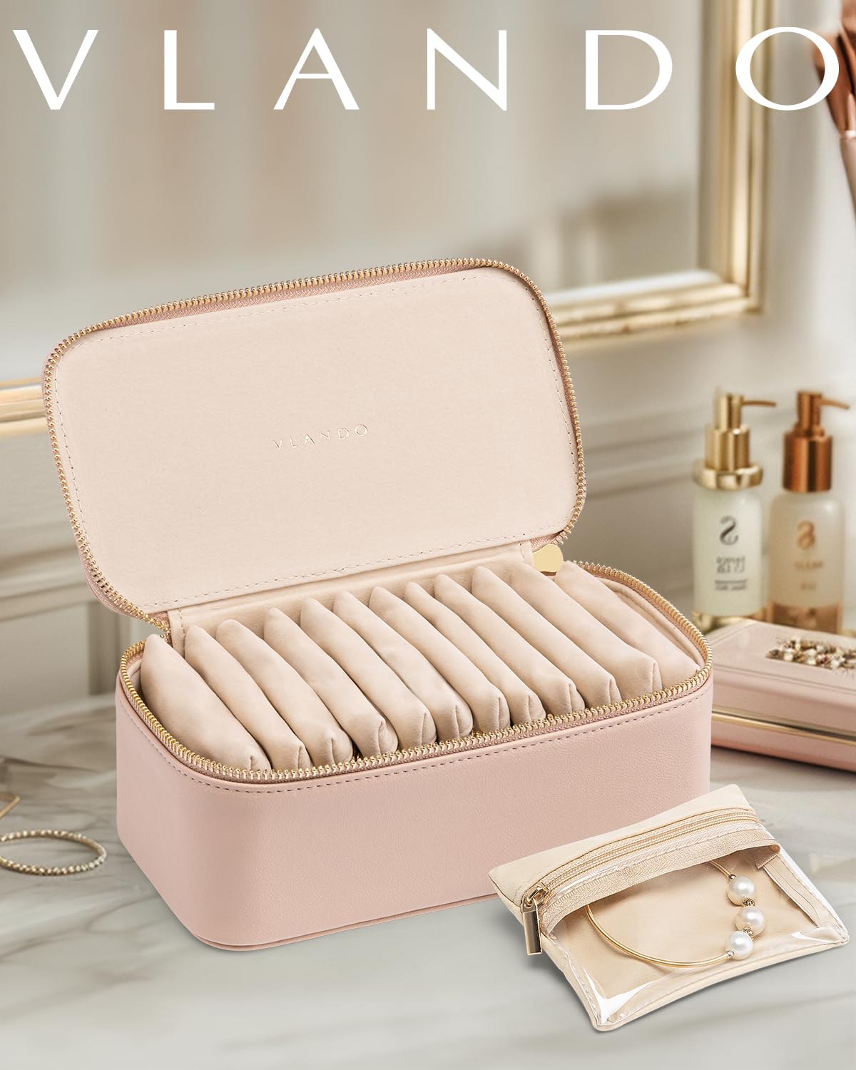 Vlando Jewelry Box for Women,Jewelry Organizer with 12 Pcs Velvet Jewelry Bags,Women Gift Ideas for 50th 60th Birthday, Wedding Gifts for Friends Sister-Khaki